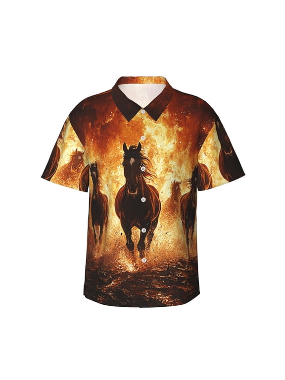 Men's Hawaiian Shirt Short Sleeve Breathable Button Down Beach Tops, Horses Fire Flame Burning