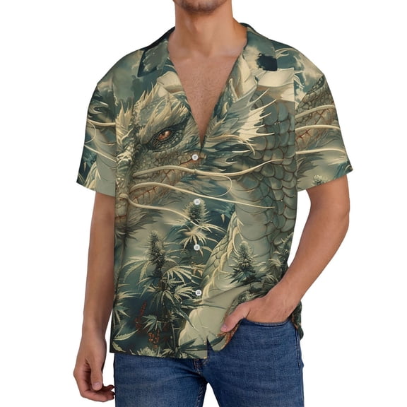 Men's Hawaiian Shirt Short Sleeve Button Down Beach Vacation , Dragon And Weed Vintage