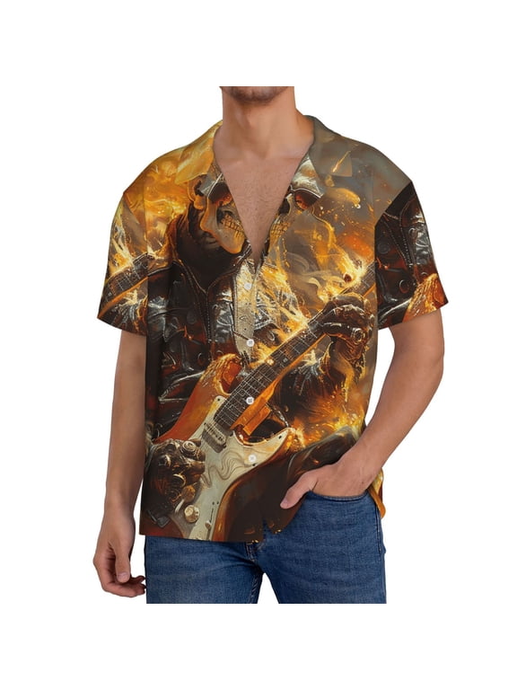 Men's Hawaiian Shirt Short Sleeve Button Down Beach Vacation , Heavy Metal Rock Music Fire Skull Flame