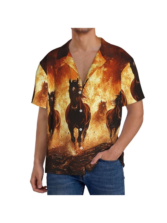 Men's Hawaiian Shirt Short Sleeve Button Down Beach Vacation , Horses Fire Flame Burning