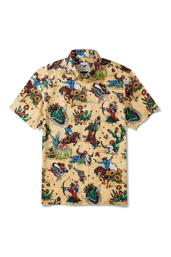 Western Cowboy Hawaiian Shirt For Men Short Sleeve Button-down 100% Cotton Desert Skull Shirt