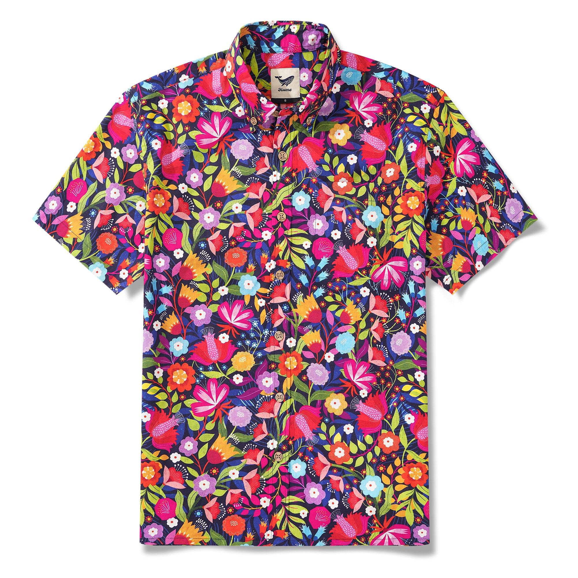 Men's Hawaiian Shirt Short Sleeve Button-down 100% Cotton Red Aloha Midnight Garden By Ali Brookes