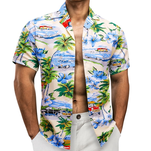 Men's Hawaiian Shirt Short Sleeve Casual Tropical Button Up Floral Dress Shirts Beach Breeze Party