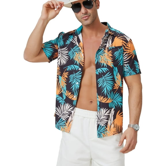 Puztloy Men's Hawaiian Shirt Short Sleeve Tropical Vacation Button Down Beach Floral Palm Shirts