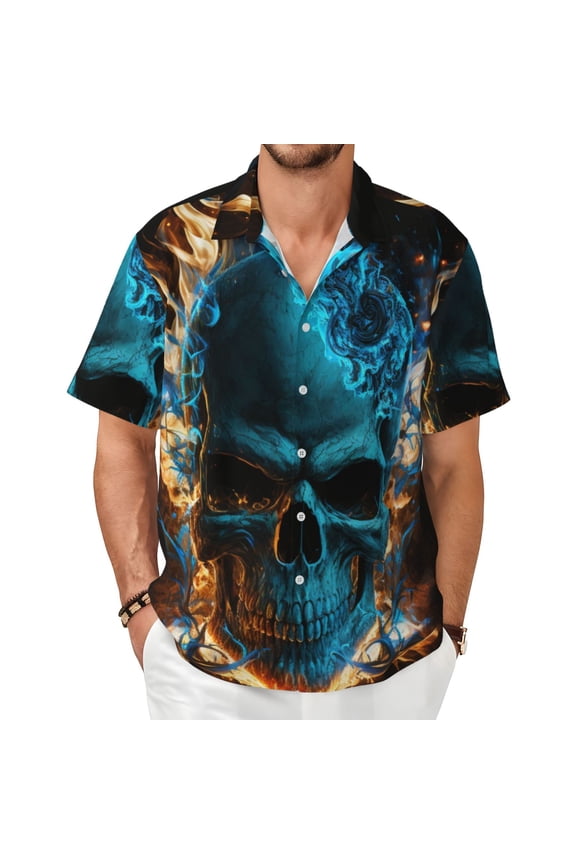 Men's Hawaiian Shirt Short Sleeve Vacation Button Down Beach Tops, Blue Flame Fire Skull Burning
