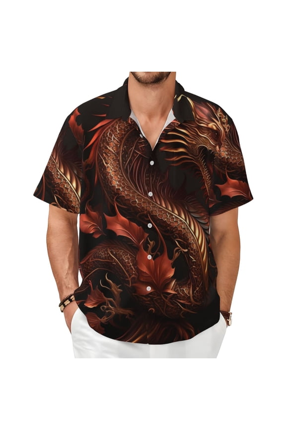 Men's Hawaiian Shirt Short Sleeves Casual Summer Beach Dress Shirts, Golden Chinese Dragon Red Art