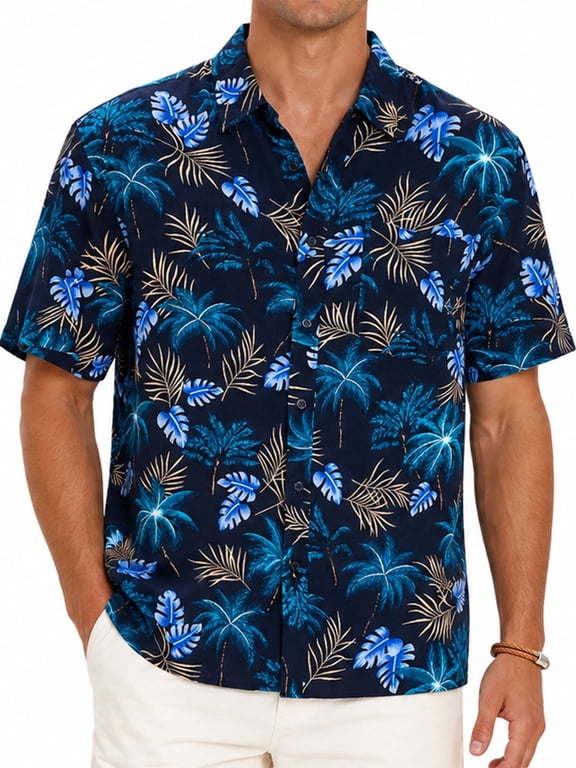 Men's Hawaiian Shirt Short Sleeves Navy Blue Gold Printed Button Down Summer Beach Shirts