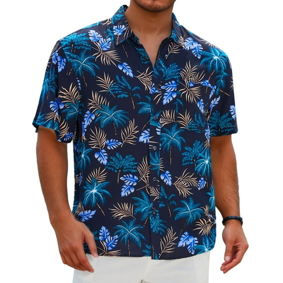 Sumtumn Men's Hawaiian Shirt Short Sleeves Navy Blue Gold Printed Button Down Summer Beach Shirts