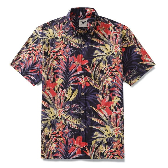 Men's Hawaiian Shirt Summer Night Print Cotton Button-down Short Sleeve Aloha Shirt