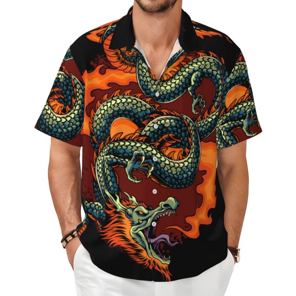 Men's Hawaiian Shirts 3D Short Sleeve Casual Summer Beach Tops, Fire Dragon Red Flaming