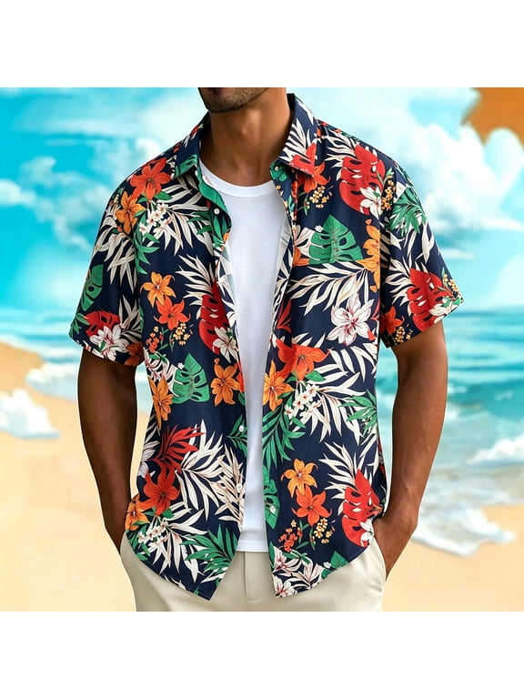 Men's Hawaiian Shirts Button Down Short Sleeve Tropical Print Casual Summer Beach Vacation Aloha Shirt,Sizes XS-XL