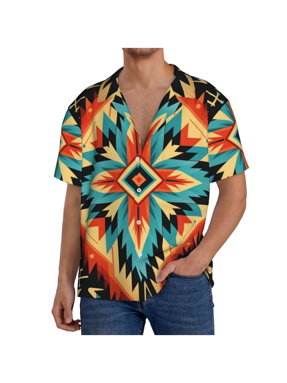 Men's Hawaiian Shirts Short Sleeve Button Down Beach Holiday , Aztec Baja Southwest Native Western Art