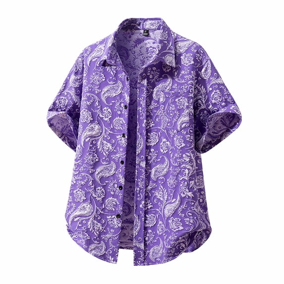 Men's Hawaiian Shirts Short Sleeve Button Down Casual Fashion Turndown Collar Shirts Summer Printed Tropical Floral Aloha Beach Shirts Purple M