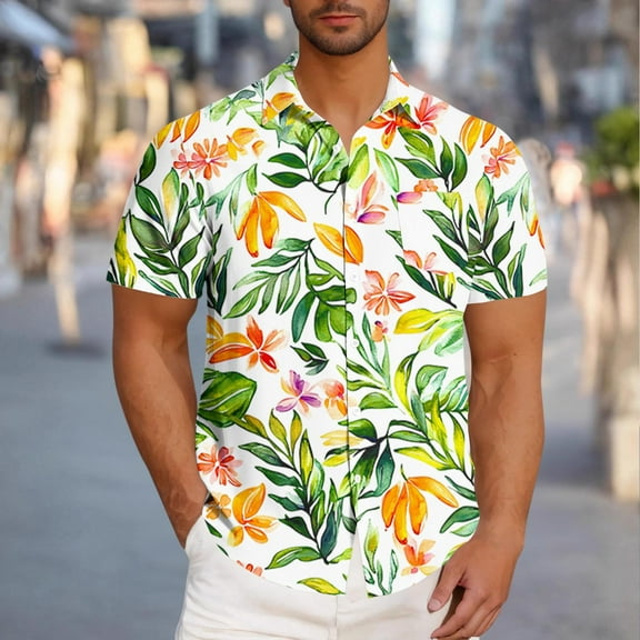 Men's Hawaiian Shirts Short Sleeve Green Pocket Under $10 Casual Fashion Turndown Collar Printing Short Sleeve Button Shirt Blouse