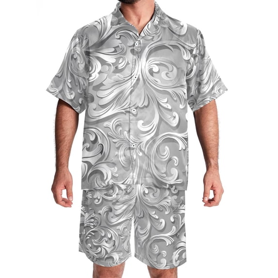 Men's Hawaiian Shirts and Shorts Set, Mens 2 Piece Short Set, Mens Vacation Outfits, Pastorable Gray Leaves Vintage Art Modern, Men's Shirt and Short Sets