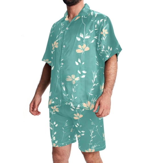 Men's Hawaiian Shirts and Shorts Set, Mens Short Sets 2 Piece Outfits, Mens Beach Outfit, Pastorable Green Flower Floral, Mens Matching Shirt and Shorts Set