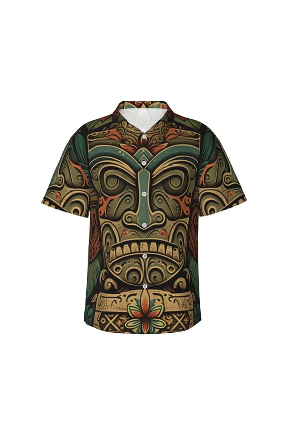 Men's Hawaiian Shirts Summer Casual Short Sleeve Button Down Beach Tops, Retro Tiki Tribal Hawaiian Vintage
