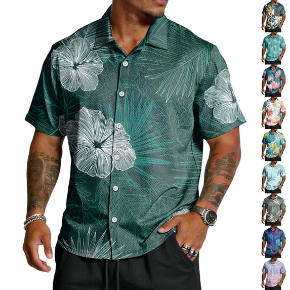 Men's Hawaiian Shirts with Tropical Floral Prints and Short Sleeves Featuring Button Down Collars for Summer Beach Vacations Pool Parties Luau Events Gray M