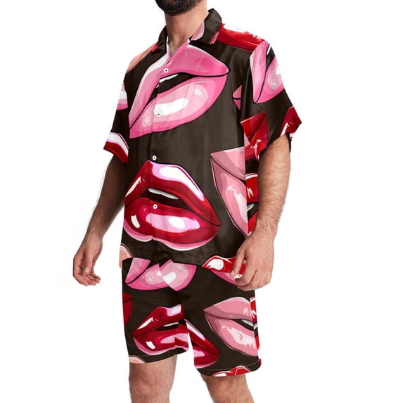Men's Hawaiian Shirts and Shorts Set, Mens Short Sets 2 Piece Outfits, Mens Beach Outfit, Red Cartoon Lip Pattern, Men Short Sets Outfits