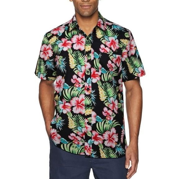 Men's Hawaiian Shirts with Pocket Casual Short Sleeve Button Down Shirts Beach Shirt Black Red 3XL