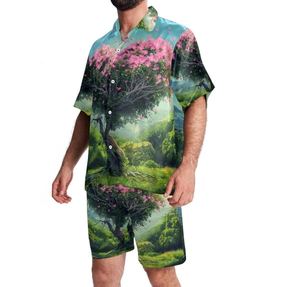 Men's Hawaiian Short Set, Mens 2 Piece Short Set, Mens Vacation Outfits, Pink Flower Heart Tree, Mens Matching Shirt and Shorts Set