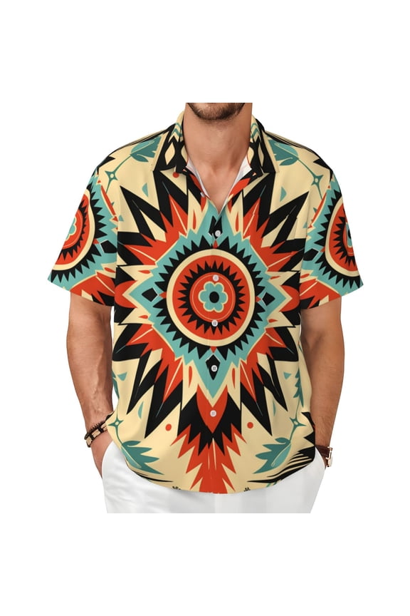 Men's Hawaiian Short Sleeve Button Down Beach Vacation Summer Shirt , Aztec Baja Southwest Native Western