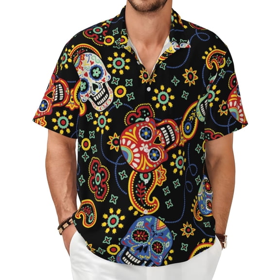 Men's Hawaiian Short Sleeve Button Down Beach Vacation Summer Shirt, Mexican Skull Paisley