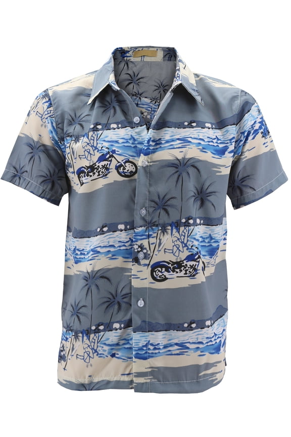 Men's Hawaiian Tropical Luau Aloha Beach Party Button Up Casual Dress Shirt (Lt Grey Blue Motorcycle, S)