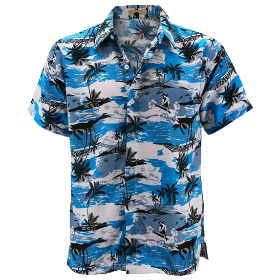 Men's Hawaiian Tropical Luau Aloha Beach Party Button Up Casual Dress Shirt (Royal Blue Surf, 2XL)