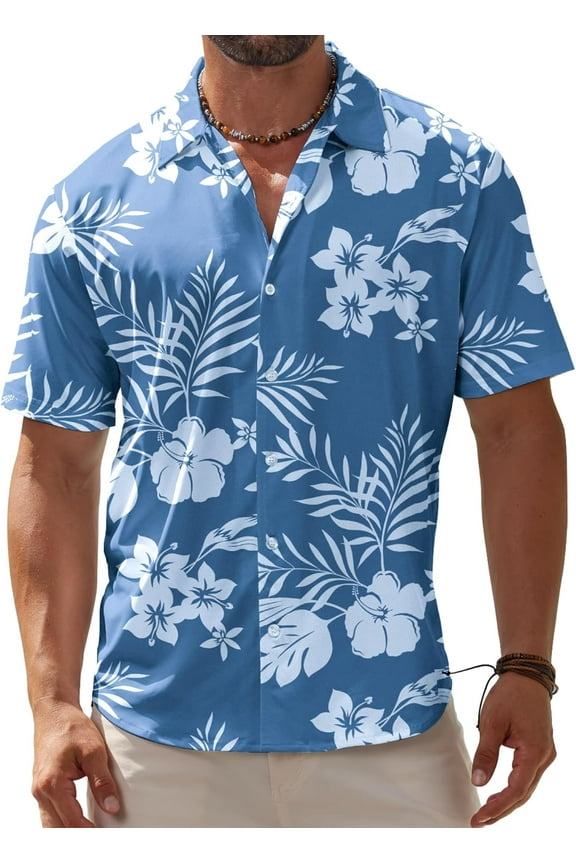 Men's Hawaiian Wrinkle Free Short Sleeve Button Down Tropical Floral Beach Vacation Shirt