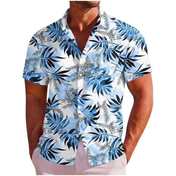 Men's Hawaiian Wrinkle Short Sleeve Button Down Tropical Floral Beach Vacation Shirt Blue S