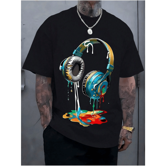 Men's Headphone Graphic T-Shirt - Vibrant Print Black 100% Cotton Short Sleeve Crew Neck