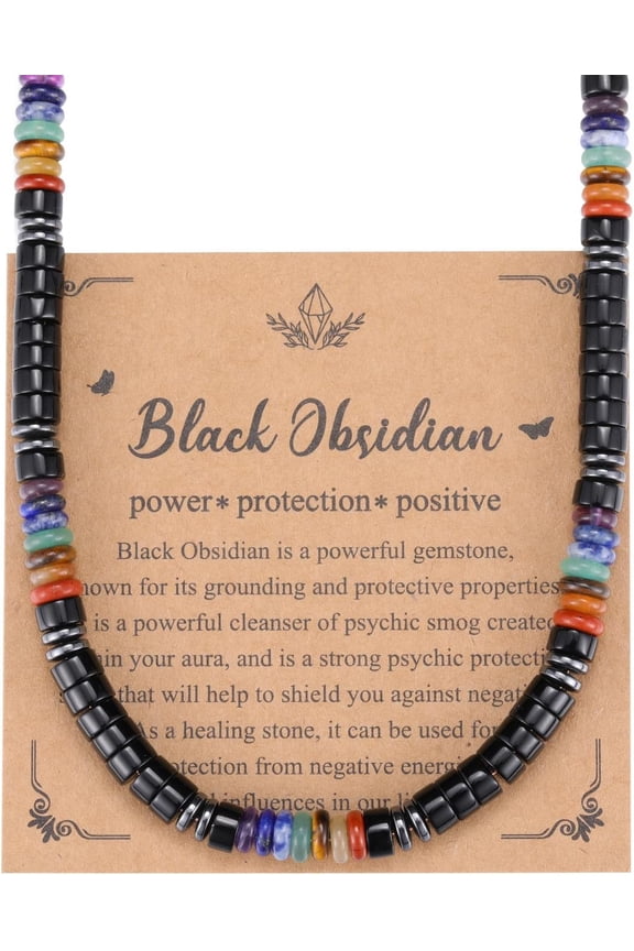 Men's Healing Crystal Obsidian Tiger Eye Stone Seven Chakra Gemstone Beaded Necklace Natural Stone Bead Necklace Stress Relief Gift for Men