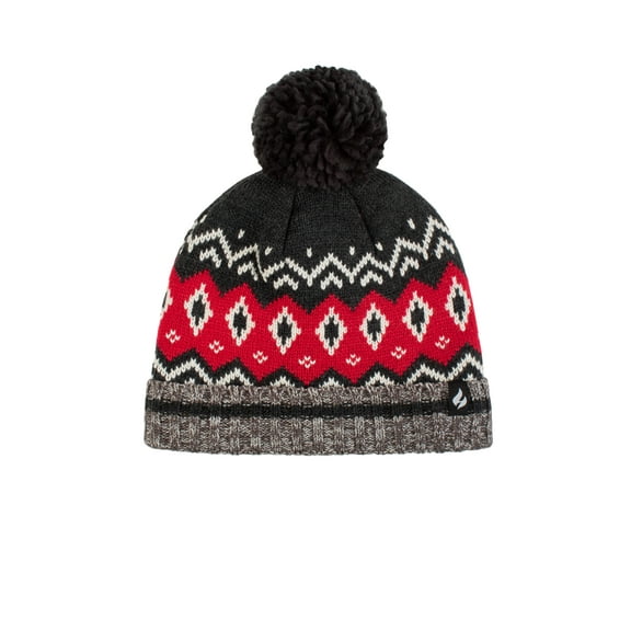 Men's Heat Holders Heatweaver Lined Pattern Hat with Pom Pom Color: Grey Red Size: N/A