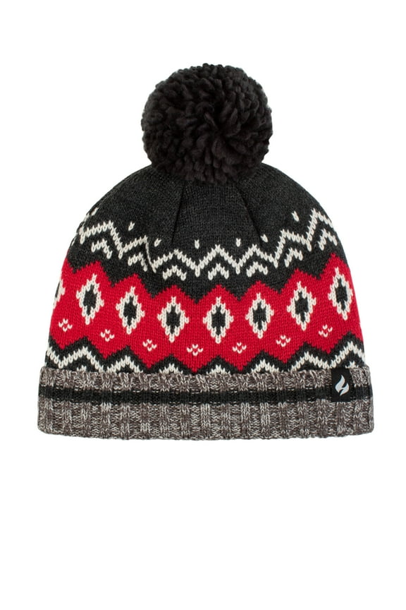 Men's Heat Holders Heatweaver Lined Pattern Hat with Pom Pom Color: Grey Red Size: N/A