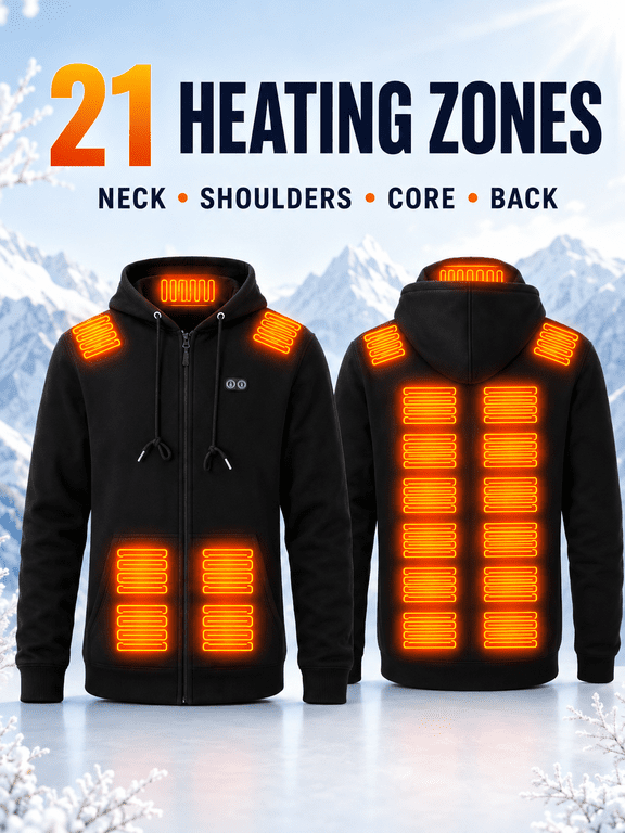 Men’s Heated Hoodie – 21 Heating Zones with Even Heat Distribution, Dual-Control Switches, 3 Adjustable Heat Settings, Ideal for Cycling, Hiking & Outdoor Work (Power Bank Not Included)