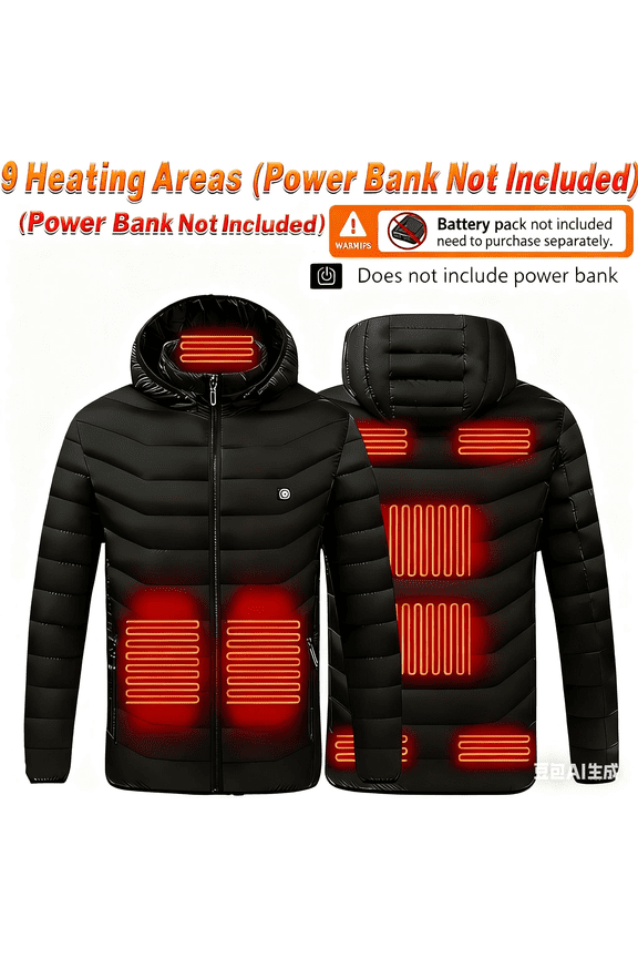 Men’s Heated Jacket with Hood and Power Bank Included, USB Electric Heating Suit 21-Zone 3-Level Temperature Control, Intelligent Heated Coat for Winter Outdoor Work Travel Warm Clothing