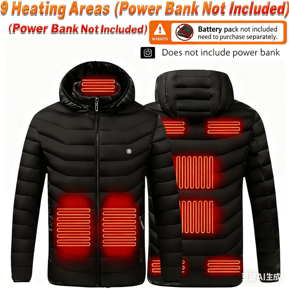 Men’s Heated Jacket with Hood and Power Bank Included, USB Electric Heating Suit 21-Zone 3-Level Temperature Control, Intelligent Heated Coat for Winter Outdoor Work Travel Warm Clothing