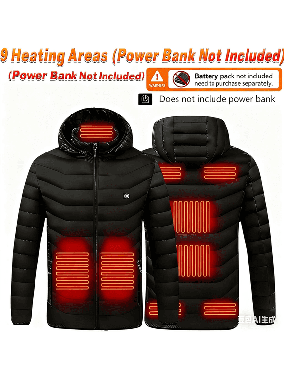 Men’s Heated Jacket with Hood and Power Bank Included, USB Electric Heating Suit 21-Zone 3-Level Temperature Control, Intelligent Heated Coat for Winter Outdoor Work Travel Warm Clothing