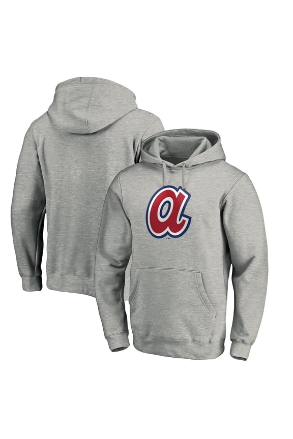 Men's Heather Gray Atlanta Braves Cooperstown Collection Huntington Logo Fitted Pullover Hoodie