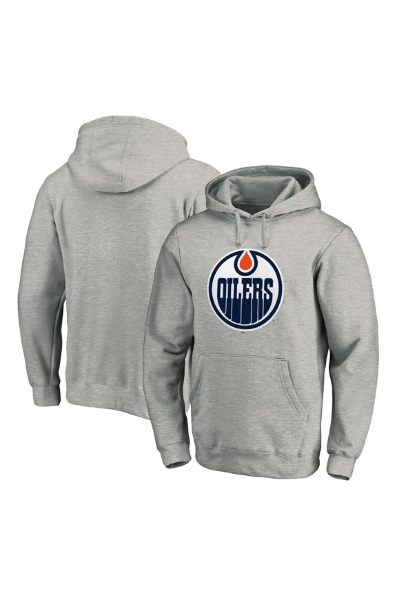 Men's Heather Gray Edmonton Oilers Primary Team Logo Fleece Fitted Pullover Hoodie
