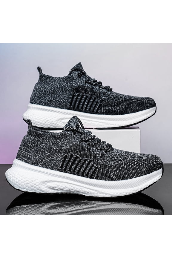 Men's Heather Gray Fly Knit Lace Up Running Sneakers, Breathable Lightweight Cushioned Non-Slip Wide Toe Outdoor Gym Walking Footwear