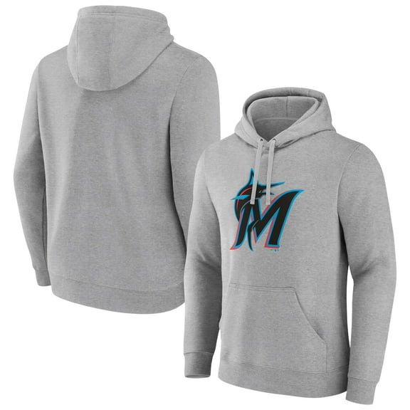 Men's Heather Gray Miami Marlins Official Logo Fitted Pullover Hoodie