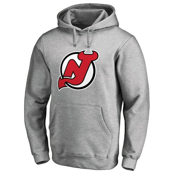Men's Heather Gray New Jersey Devils Primary Team Logo Fleece Fitted Pullover Hoodie
