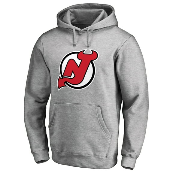 Men's Heather Gray New Jersey Devils Primary Team Logo Fleece Fitted Pullover Hoodie