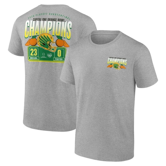 Men's Heather Gray Oregon Ducks College Football Playoff 2026 Orange Bowl Champions Scoring Drive T-Shirt