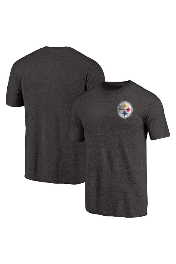 Men's Heathered Black Pittsburgh Steelers Primary Logo Left Chest Distressed Tri-Blend T-Shirt