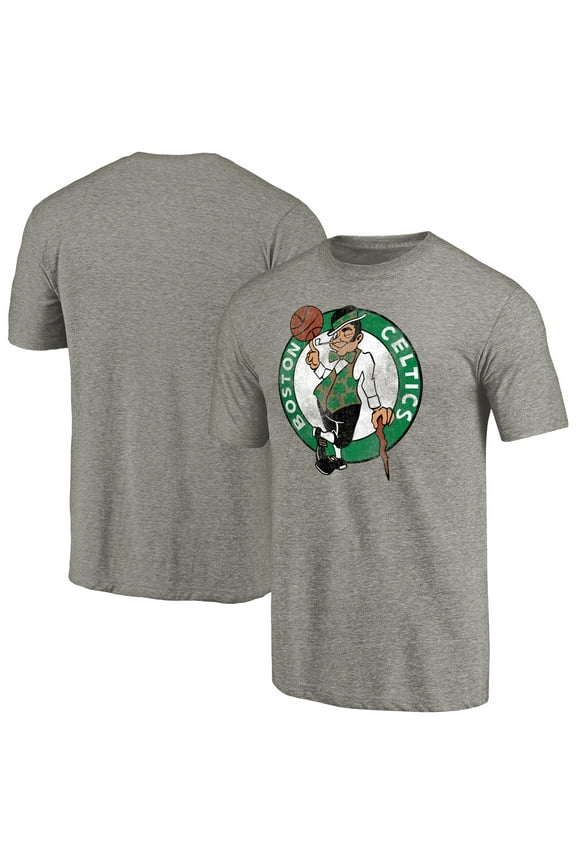 Men's Heathered Gray Boston Celtics Distressed Team Logo 2 Tri-Blend V-Neck T-Shirt