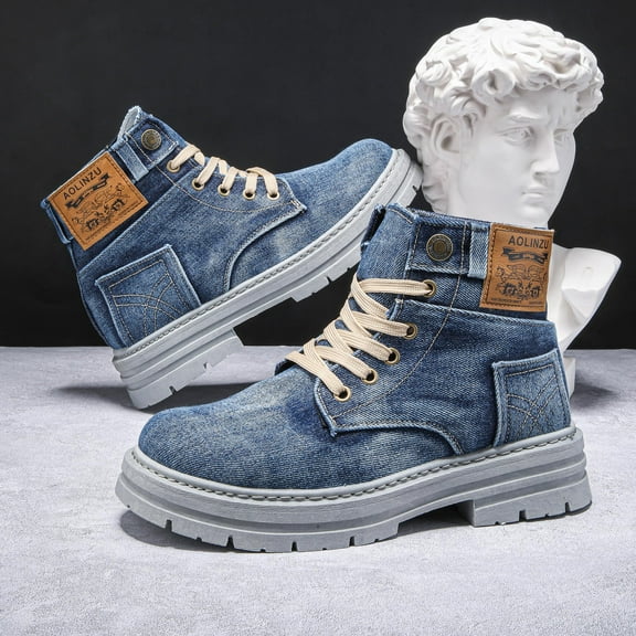 Men's Heavy-Duty Denim s with Height Increase - Lace-Up High-Top Sneakers/Boots, Anti-Slip PVC Sole & All-Season Traction, Durable Jeans for Casual, Streetwear, (Plus-Size Available)