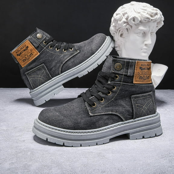 Men's Heavy-Duty Denim s with Height Increase - Lace-Up High-Top Sneakers/Boots, Anti-Slip PVC Sole & All-Season Traction, Durable Jeans for Casual, Streetwear, (Plus-Size Available)